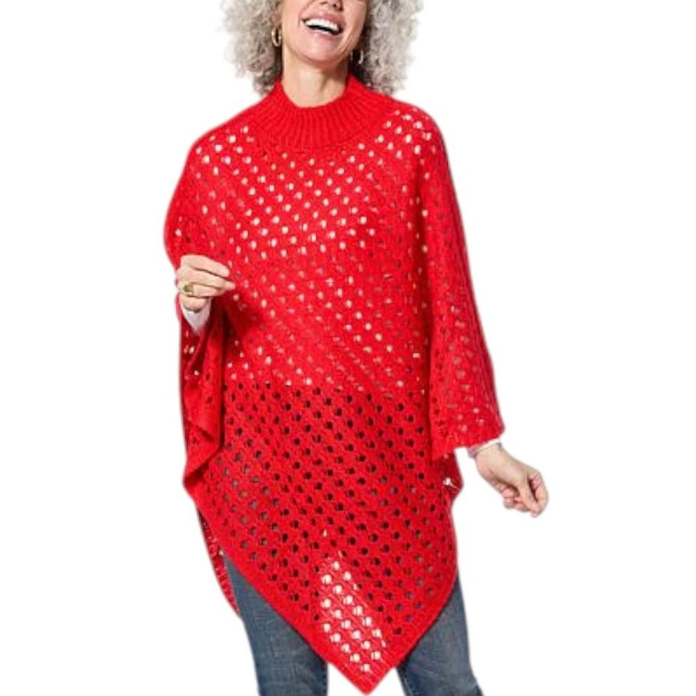 Anthony Originals NWT Red Open Knit Poncho XL/1X Boho Mock Neck Pointelle 21452